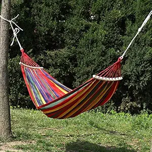 Vruta Canvas Fabric Hammocks Striped Ultralight Outdoor Beach Swing Bed with Strong Rope for Garden