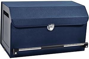 XCF Auto Kofferraum Organizer, Zusammenklappbarer Leder Kofferraumtasche mit Deckel und Stabilem Griff Autozubehör, 45L Kapazität Auto Organizer mit Fächern, Langlebig Aufbewahrungsbox (Blau)
