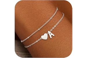 SLOONG Armband Damen Silber Gold, 18K Gold/Silber Vergoldet Herz Armband mit Buchstaben Personalisiert Geschichtet Armbänder Verstellbares Armkette Goldschmuck Geschenke für Frauen Freundin Mädchen