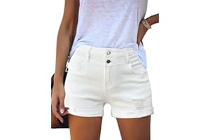 Roskiky Pantalones vaqueros cortos para mujer, estiramiento desgarrado, dobladillo enrollado, pantalones cortos