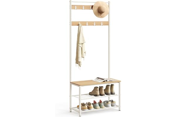 VASAGLE Klädhängare med skohylla, entré med bänk, 3-i-1, stålram, för entré, hall, 32 x 70 x 177 cm, modern stil, färg ek och kräm HSR041W09