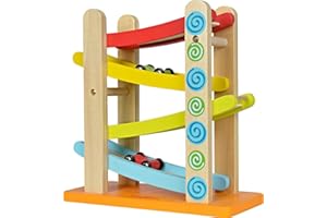 Eichhorn 100002220 - Autorennbahn, 4-tlg., 3x Fahrzeuge, 25x24 cm, Birkenholz Bunt