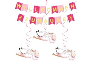 MQIAN Willkommen Zuhause Baby, Vormontiert Herzlich Willkommen Girlande, mit 6 Stück Storch zur Geburt, Babyparty Deko Mädchen, Willkommen Zuhause Girlande, Welcome Home Baby