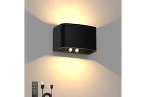 T-SUN Rechargeable Applique Murale avec Détecteur de Mouvement, Sans Fil Lampe Murale avec Télécommande, 3000K Blanc Chaud Applique Murale pour Intérieur/Extérieur, Faisceau Lumineux Réglable, Noire