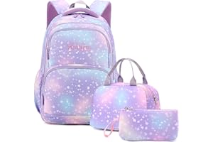 Tanou Mochilas Escolares Niña 3 Piezas, Mochila Niña Colegio para Escolar Primaria Secundaria, 22 litros Mochila Escolar con Bolsa Térmica Estuche, Morado