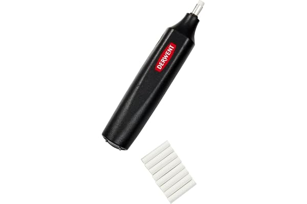 Derwent Stylo gomme à piles, comprend 8 gommes de rechange, convient aux crayons graphite, de couleur et pastel, qualité professionnelle, 2301931, noir