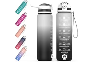WHIPY 1L Water Bottle with Straw - Leak-Proof & BPA Free Reusable Sports Bottle - Motivational Time Markings for Hydration Durable Drink Bottle for Gym, Sports, Outdoor, Cycling (Black & White)