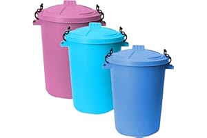 Latchini 50L Litre Outdoor Bin Large Heavy-Duty Weather Resistant & Food Grade Plastic Dustbin Trash Can Garbage Bin with 2 Clip Locking Lid for Indoor/Outdoor Storage Container of Animal Feed|3 Pack
