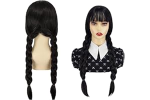 DONGSZQ Wednesday Perücke, Lange Schwarze Geflochtene Perücken Mit Pony, Perücke Damen, für Party Fasching Karneval Halloween Cosplay