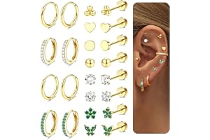 Diamday Örhängen, 12 par guldfärgat set för kvinnor, av kirurgiskt stål, kreolska örhängen, piercing för öra, helix och brosk
