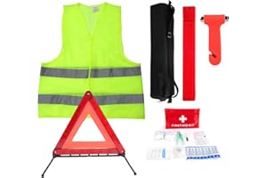 CAMUSBR Car Emergency Kit, Warning Triangles for Cars, Roadside Assistance Tool Kit Car Breakdown Tool Set with Warning Triangle Visibility Vest First Aid Kit Safety Hammer for European France Driving Travel