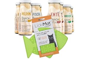 SmoothieCat Katzensmoothie 8er Mix + Lickimat Casper Grün - je 2X: Huhn, Ente, Fisch, Kaninchen - Flüssignahrung für Katzen - Katzensuppe - Zucker- & glutenfrei - Schleckmatte - je 150ml