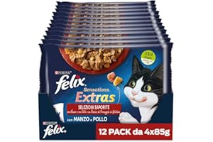 Felix Purina Sensations Extras Cibo Umido per Gatti con Manzo e un Pizzico di Formaggio e con Pollo e un Pizzico di Bacon, 48 buste da 85g ciascuna