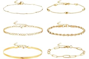 Dochais 6 Stück Kette Armbander Gold für Damen 14 Karat Vergoldet Armkette Mädchen Twist Figaro Kettenarmbänder Verstellbar Modeschmuck Armbänder Set