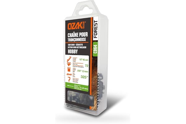 OZAKI - Chaîne Tronçonneuse .325" - Jauge 1,3 mm (0,50") - Profil de Gouge Semi-Carré - 72 Entraîneurs
