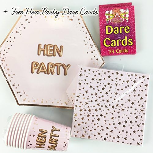 Pink Hen Party Tableware Pack Plates Cups Napkins &amp; DARE CARDS! Fun Hen Party Decoration