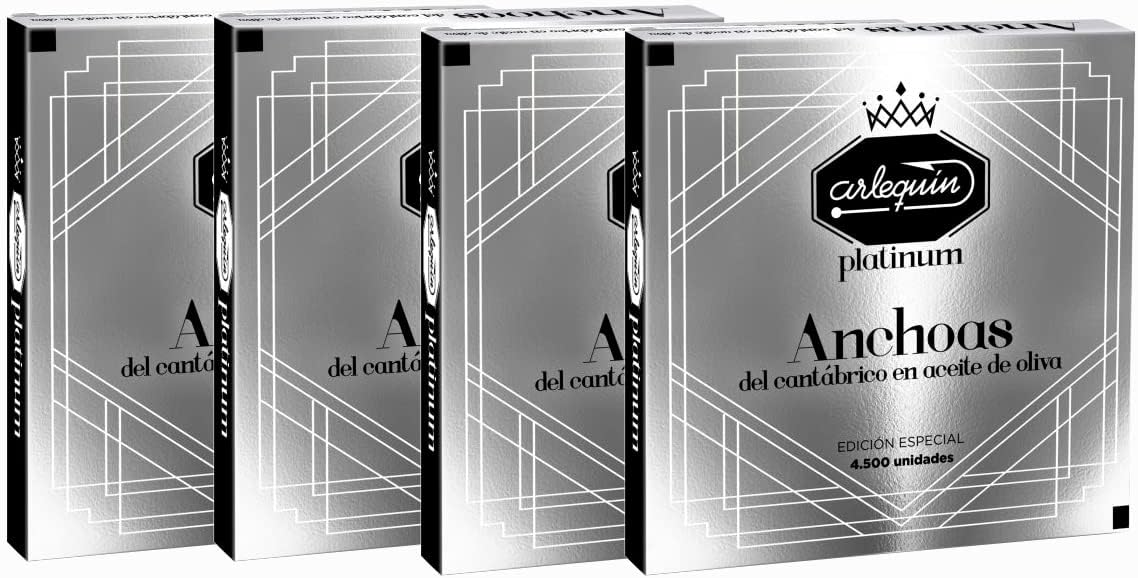 ARLEQUIN Serie Platinum Anchoa del Cantábrico, Elaborada a Mano en Santoña, en Aceite de Oliva (4 Latas (440 grs y 48 Filetes)