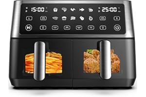 TOMANTO 10L Dual Air Fryer, 2 Drawers,10-In-1 Cooking Presets, Sync Cook & Finish, Smart Touch Screen, with Visual Window, Timer Function, Uses No Oil& Max Crisp, 50℃ to 200℃, 1-24H, Dishwasher Safe