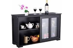 RELAX4LIFE Credenza in Legno e Vetro con 2 Ante Scorrevoli, Armadietto da Cucina con Ripiano Regolabile, Mobile Multiuso per TV da Salotto, Bianco/Nero, 106,7 x 62,5 x 33 cm (Nero)