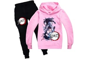 Yumenam Ragazze e Ragazzi Demon Slayer Felpa con Cappuccio e Pantaloni 2 Pezzi Tuta Set Tanjirou Nezuko Stampato Casual Pullover + Nero Pantaloni Abbigliamento Sportivo