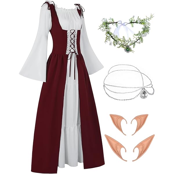 VDDTAGAM Mittelalter Kleid Damen Renaissance Kostüm - Gotisch Maxikleid Mit Trompetenärmel