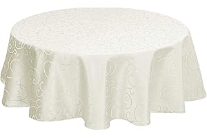 EUGAD Obrus z adamaszku, ornamenty, jedwabisty połysk, wzór w kółko, obrus z obszyciem, rozmiar i kolor do wyboru, szlachetny obrus na stół, zmywalny, nie wymaga prasowania, okrągły, 160 cm, kremowy