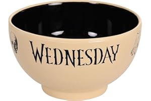 Elbenwald Wednesday Cereal Bowl - Wednesday Icons: Skull, Moon, Cold Hand - 600ml Capacity - Ceramic - Beige and Black