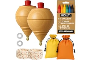 ALEJANDRO FUENTES AF® - Toupie Bois - Set 2 toupie Enfant + 6 Cires de Couleurs pour Enfants | Personnalisez Votre toupie en Bois Traditionnelle