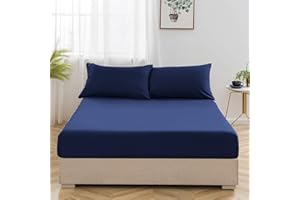Oxford Homeware Navy Double Fitted Sheet -100% Brushed Microfibre 1800 Easy Care 25 cm Deep Double Bed Sheets - Shrinkage and Fade Resistance