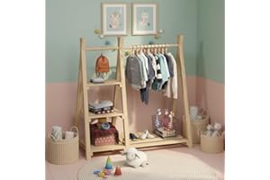 Bellabino Ryck Kleiderstange für Kinder – Kleiderständer aus Massivholz in Natur mit 4 Ablageflächen – Montessori Kindergarderobe für Jungen & Mädchen – Garderobe mit Schuhablage für Kinderzimmer