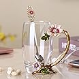 PPEA Enamel Sunflower Crystal Lead-Free Glass Tea Cup with Spoon Set, Present for The Christmas, Valentine's Day.Best Present for Mother, Grandma, Girlfriend, Sister.