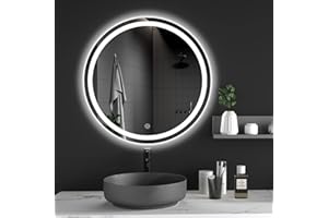 Dripex 500 mm Round Bathroom Mirror with LED Light, Wall Mounted Circle Makeup Mirror with Cold White Light, Anti-Fog, Front+Backlit, IP44