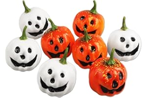 LARBER 8 PCS Halloween Pumpkins Decorations, Small Artificial Pumpkins Plastic Pumpkins for Fall Autumn Halloween Mantle Table Outdoor Decor, White Orange