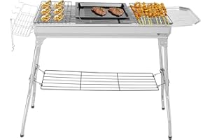 LEADZM Barbecue Charbon de Bois en Acier Inoxydable – Pliant et Portable (100x31x71cm déplié) – Pour 5-10 Personnes – Idéal Camping, Terrasse & Extérieur