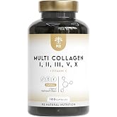 Pure Hydrolyzed Multi Collagen 1650mg + Vitamin C 53mg. Collagen Type I, II, III, V and X, 180 Capsules, Supports Skin, Hair,