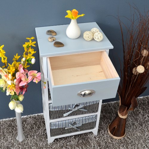 Landhaus Kommode Schrank Bad Regal in grau weiss mit einer Schublade und drei Körbe mit einem Stoffbezug in Blau - 4