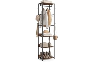 VASAGLE Clothes Rack, Coat Rack Stand with Hanging Rail and Hooks, Hall Tree with Shelves, Steel Frame, for Clothes, Bags, Hats, Ink Black and Rustic Brown RCR061BD04