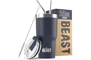 Greens Steel BEAST Termo Café para Llevar - 550ml I Azul Marino I Taza Térmica de Acero Inoxidable Reusable I Taza Viajera de Doble Pared al Vacío I 2 Pajitas y Cepillo de Limpieza