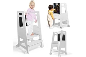 Helangel Torre didattica Montessori 3 in 1 con lavagna - Torre ausiliaria da cucina regolabile con barra di sicurezza, scaletta in legno naturale per bambini dai 18 mesi in su (capacità 80 kg)