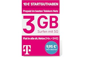 DEUTSCHE TELEKOM Telekom MagentaMobil Prepaid M SIM Card without Contract, 5G Includes I + 3 GB & Allnet Flat (Min, SMS) in all German Networks & EU Roaming I 10EUR Start Credit