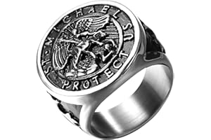 JewelryWe Bague Homme Chevalière Saint-Michel: Bague Chevalière Acier Inoxydable avec Insigne Religieux de Saint-Michel Style Biker Motard Amulette - Cadeau Anniveraire Fête des Pères