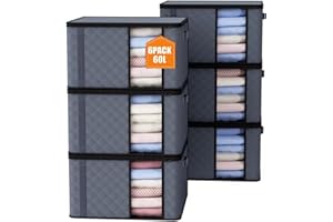 Auveir 6 Stück 60L Aufbewahrungstasche, Aufbewahrungsbox mit Deckel, Große Kleideraufbewahrung Umzugskartons, Faltbare Aufbewahrung Boxen für Bettdecken Decken Kleidung Unterbett Kleiderschrank