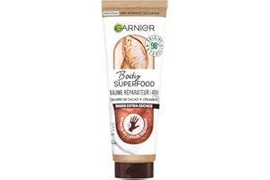 Garnier Body Superfood - Baume Mains Réparateur 48H au Beurre de Cacao & Céramide - Formule Vegan à 98% d'Ingrédients d'Origine Naturelle - Pour Mains Extra Sèches - 75 ml