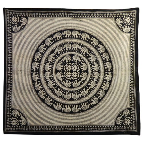 Handicrunch Tagesdecke schwarz weiß 230 x 210 cm indische Decke Elefantendesign Tischdecke Wandbehang Baumwolle - 2
