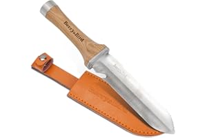 Berry&Bird Hori Hori - Cuchillo de jardín multiusos con hoja de acero inoxidable afilada de 17 cm de largo, doble filo y funda de piel, para jardinería, deshierbe, excavación