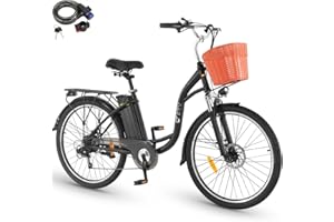 DYU Bicicletta Elettrica,26 pollici Bici Elettrica con Cambio a 6 velocità,12,5 Ah 36 V Batteria Rimovibile,City E-Bike con Cestino,Altezza del Sedile Regolabile,Adulti Unisex