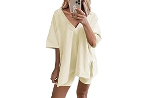 Famulily Summer Clothes Sets for Women Oversized V Neck Short Sleeve T Shirts and Cycling Shorts 2 Piece Outfits Tracksuits Loungewear Nightwear
