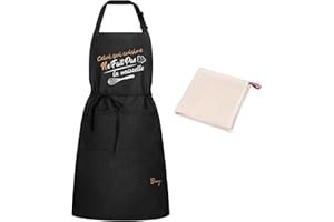 Sienzo Tablier de Cuisine Homme Femme,Imperméable Tabliers avec Poches,Tablier Noir Professionnel pour Barbecue Chef Jardin Café Serveur Restaurant(1x Noir Tablier + 1 X Torchon)