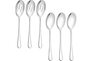 NRAMWELL 6PCS Stainless Steel Serving Spoons Set,Includes 3 Serving Spoons and 3 Slotted Spoons,Dessert Spoons Advanced Performance Skimmer,Large Serving Spoons for Buffet, Party, Banquet, Kitchen (Silver)