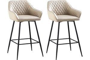AINPECCA Bar stools Set of 2 Beige Faux Leather Upholstered Seat with Backrest & Armrest Black Metal Legs Breakfast Counter Kitchen Chairs